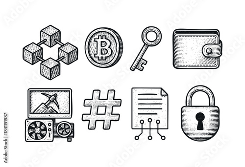 A collection of hand-drawn cryptocurrency and blockchain technology icons featuring Bitcoin, mining, wallet, and security symbols — stock vector.