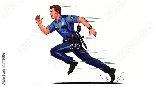 Police Officer Running Fast, Chasing Suspect, Law Enforcement Action