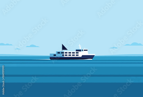 Flat design illustration of a ferry on the sea under a light blue sky with clouds