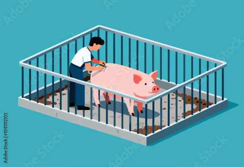 An isometric illustration depicts a person inside a cage branding a pig with a tool, farm setting
