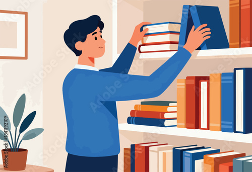 Illustration depicts a person reaching for books on a shelf, surrounded by colorful spines, with a plant nearby