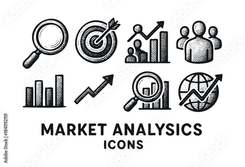 A collection of hand-drawn style icons representing various concepts in market analysis, business growth, and strategic targeting — stock vector.