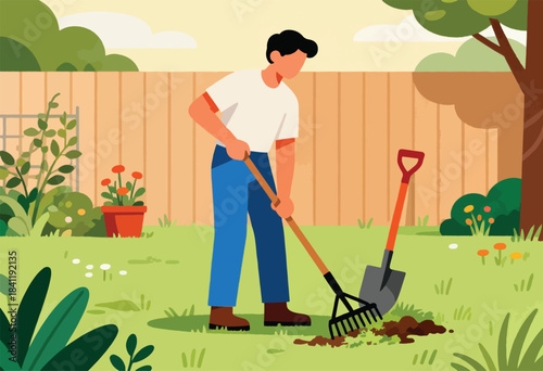 Illustration of a person gardening. He is using a rake and shovel in his yard with flowers, trees, and fence