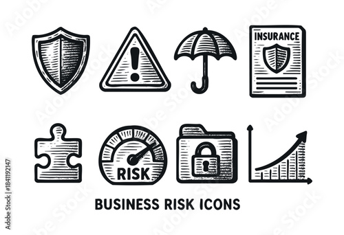 A set of hand-drawn, distressed vector icons illustrating business risk, insurance, security, and financial protection concepts, isolated on a white background — stock vector.
