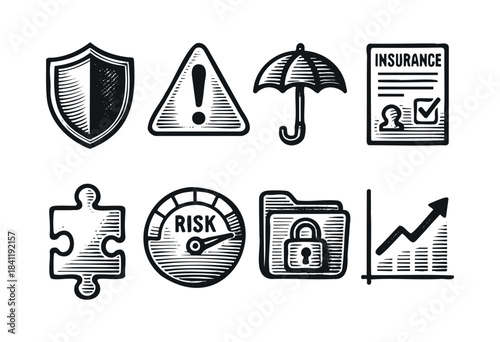 A collection of hand-drawn vector icons representing risk management, security, data protection, and insurance concepts in a distressed, engraving style — stock vector.
