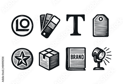 A collection of hand-drawn style vector icons representing essential elements of brand identity and graphic design in a distressed aesthetic — stock vector.