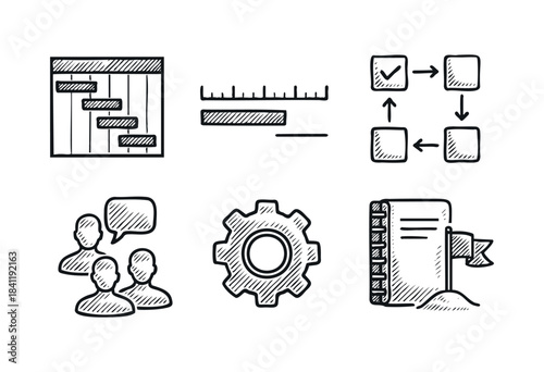 A set of hand-drawn business icons representing project management, planning, teamwork, process, and goal achievement on a white background — stock vector.