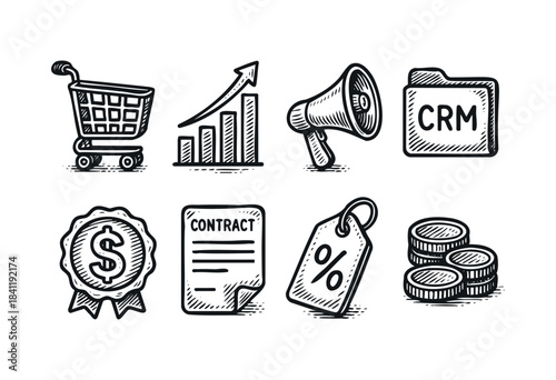 A set of hand-drawn doodle icons representing e-commerce, marketing, finance, and business concepts like shopping, growth, promotion, CRM, contracts, discounts, and money — stock vector.