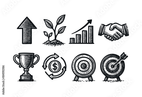 A collection of hand-drawn style icons representing business growth, financial success, strategic achievement, and partnership concepts, isolated on white — stock vector.