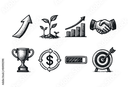 A comprehensive set of hand-drawn icons symbolizing business growth, financial success, achievement, partnership, and strategic goals in a vintage sketch style — stock vector.