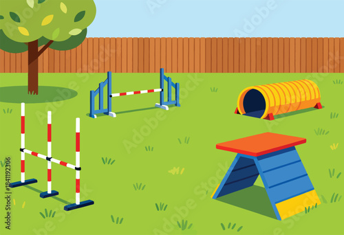 Illustration of a dog agility course in a backyard, featuring hurdles, a tunnel, and an A-frame ramp
