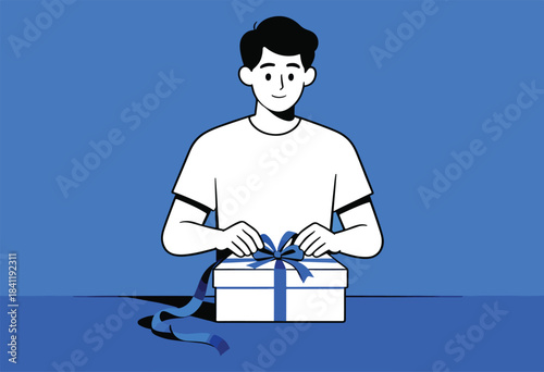 A person unwraps a gift in a simple illustration with a blue palette. The image conveys anticipation