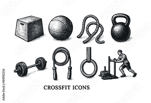 A comprehensive collection of crossfit and functional training gear, rendered in a detailed hand-drawn vintage woodcut style on a white background — stock vector.