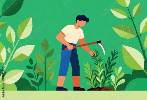 A person, sickle in hand, tends a garden. Green foliage surrounds the figure, earth below
