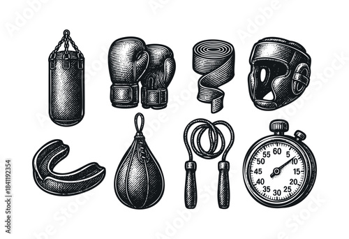 A collection of essential boxing and fitness training equipment, meticulously rendered in a detailed engraved vintage style on a white background — stock vector.