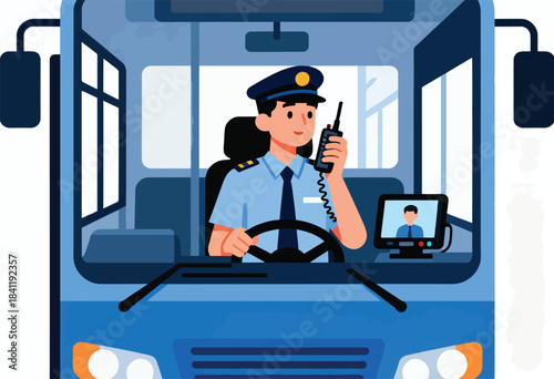 A bus driver, in uniform and hat, holds a walkie-talkie while driving the vehicle, seen from the front