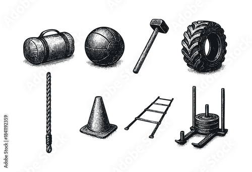A comprehensive collection of crossfit and functional training gear, rendered in a detailed hand-drawn vintage woodcut style on a white background — stock vector.