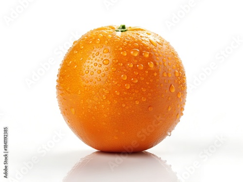 Fresh Whole Orange with Water Droplets on White Background