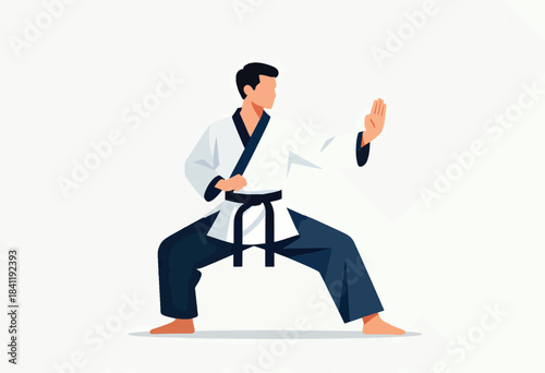 A stylized illustration features a martial artist in a poised stance, wearing a gi and black belt. They are looking away