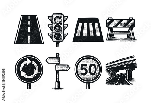 A set of sketched or engraved style icons related to road traffic and transportation — including a traffic light, road signs, and a highway overpass — stock vector.