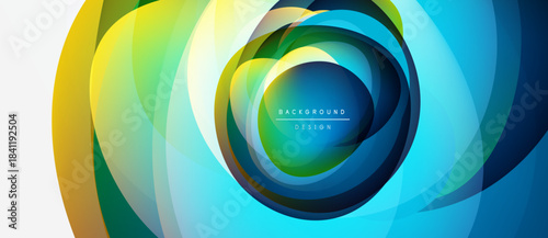 Abstract colorful layers create dynamic circular design. Bright hues blend, forming modern visual effect. Text reads background design.