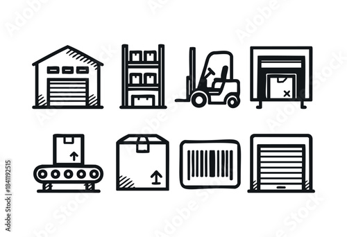 A set of hand-drawn line art icons representing essential logistics, warehousing, and supply chain operations, including buildings, equipment, and packaging elements — stock vector.