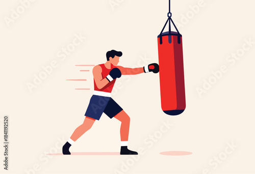 A boxer in sportswear punches a red punching bag, demonstrating power with a forward stance