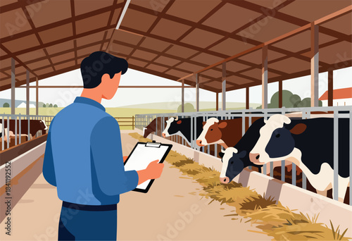 A man in a blue shirt holds a clipboard, assessing cows in a barn. Cows stand in a row