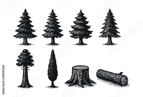 A collection of hand-drawn evergreen trees, a tall tree, a cypress, a tree stump, and a log in a vintage woodcut style on a white background — stock vector.
