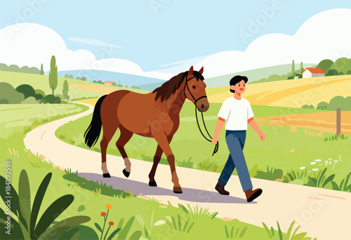 A person walks a brown horse along a winding path through a sunny, green landscape with a house in the distance