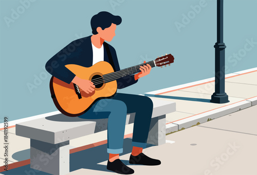 A man plays an acoustic guitar on a bench near a street lamp. Simplified, stylized flat illustration