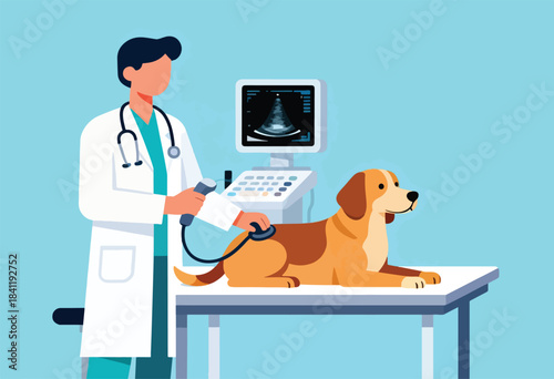 An illustrated veterinarian performs an ultrasound scan on a brown and tan dog in a clinic, viewing the images