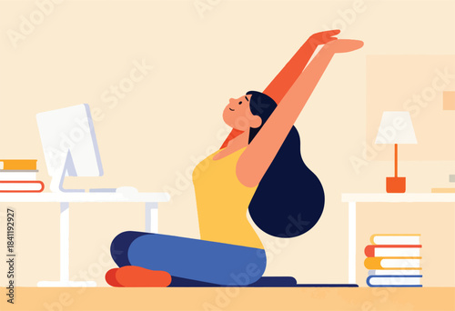 A woman in a yoga pose stretches in an office-like setting, desk with a computer and books