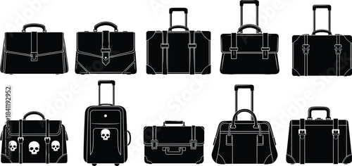 Bag silhouette illustration set, luggage and backpack styles, skull symbols, black vector artwork, travel gear, white background