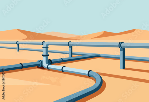 A stylized illustration depicting pipes in a desert landscape with sand dunes and a clear blue sky