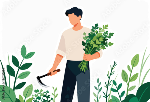 A flat illustration of a person harvesting greenery. They hold a bundle of herbs and a scythe amongst plants