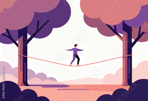 A person balances on a tightrope stretched between stylized trees. The artwork features a minimalist aesthetic and vibrant colours