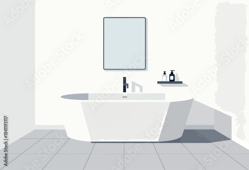 Minimalist bathroom design with a tub, mirror, and toiletries. Modern, clean aesthetic