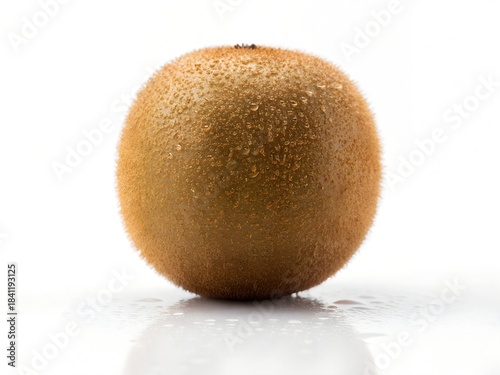 Single Wet Whole Kiwi Fruit with Hairy Brown Skin on White Background