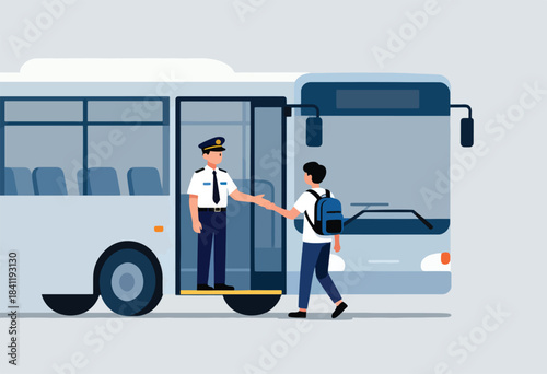 A uniformed bus driver extends a hand to a person boarding a bus, carrying a backpack