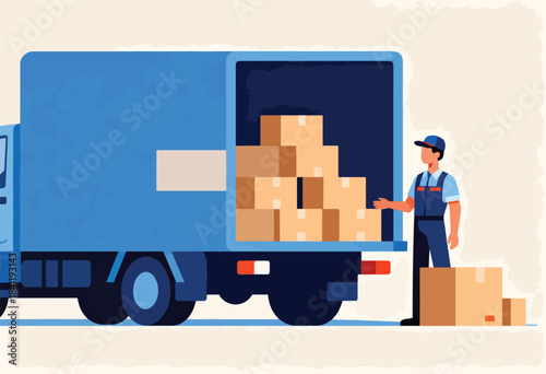 Delivery truck illustration with stacked boxes and a delivery person. Boxes are loaded in the back