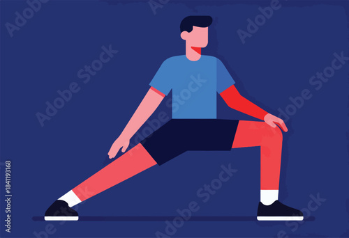 A flat illustration depicts a figure stretching one leg forward, arms extended against a dark blue background
