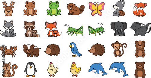 Cute colorful cartoon animal vector set featuring forest animals, sea creatures, insects, birds, and mammals, perfect for children’s designs and educational projects