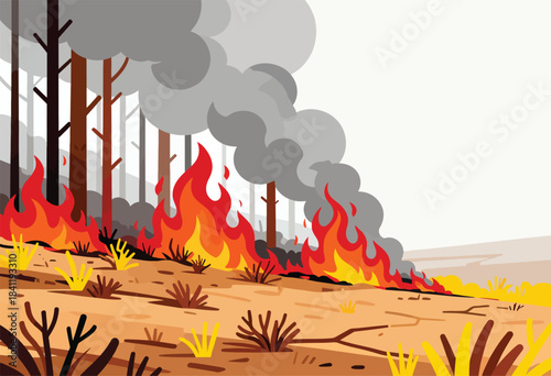 A forest fire rages with flames and smoke. Trees stand against a bright backdrop, depicting environmental devastation