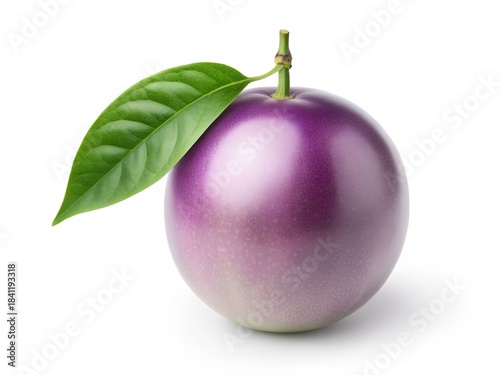 Single Purple Passion Fruit with Green Leaf Isolated on White Background