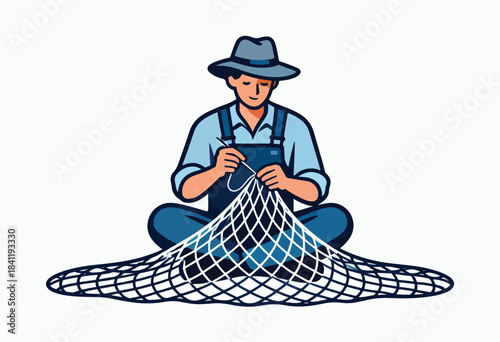 A silhouetted fisherman, hat on, kneels to mend his net, a focused craft. Blue tones, clean background