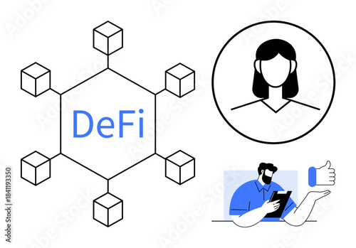 Fintech, blockchain technology, decentralized apps, user identity, online interaction, financial transactions. Blockchain network with DeFi text, female profile, person holding a digital tablet