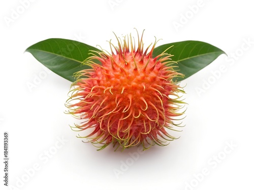 Single Red Rambutan Fruit with Green Leaves Isolated on White Background