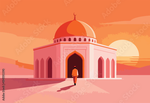 Illustration of a person walking towards a mosque with a dome, sunset backdrop, and warm, orange tones