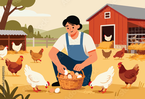 A farmer collecting eggs from a basket, surrounded by free-range chickens, near a barn